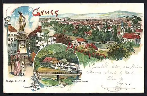 Lithographie Pforzheim, Krieger-Denkmal, Kupferkammer, Ortspartie