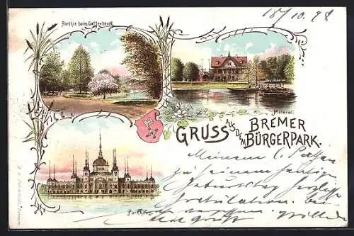 Lithographie Bremen, Bürgerpark mit Café, Meierei und Parkhaus