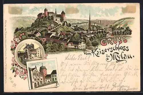 Lithographie Mylau, Kaiserschloss, Oberer Hof Rathaus, Schlosshof