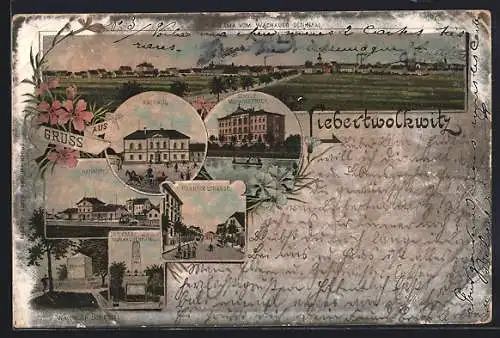 Lithographie Liebertwolkwitz, Panorama vom Wachauer Denkmal, Bahnhof, Schule mit Angerteich