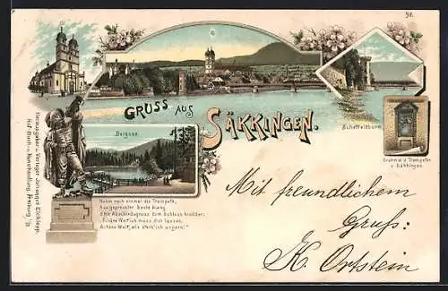 Lithographie Säckingen, Bergsee, Scheffelturm, Totalansicht, Der Trompeter von Säckingen