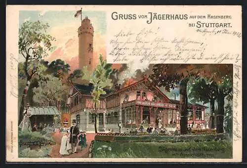 Lithographie Stuttgart, Jägerhaus auf dem Hasenberg mit Aussichtsturm