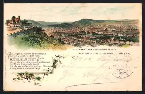 Lithographie Stuttgart, Ortsansicht von Kanonenwege aus mit Gedicht