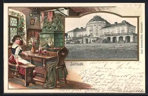 Passepartout-AK Stuttgart, Passepartout mit Schloss Solitude, Fräulein in Tracht sitzt am Holztisch