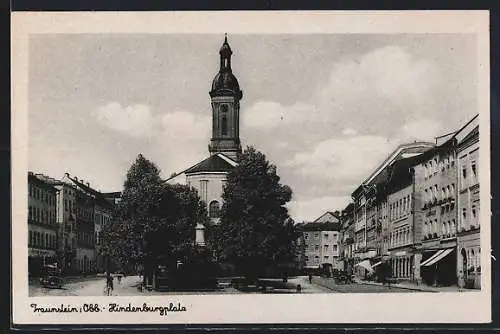 AK Traunstein /Obb., Hindenburgplatz mit Kirche