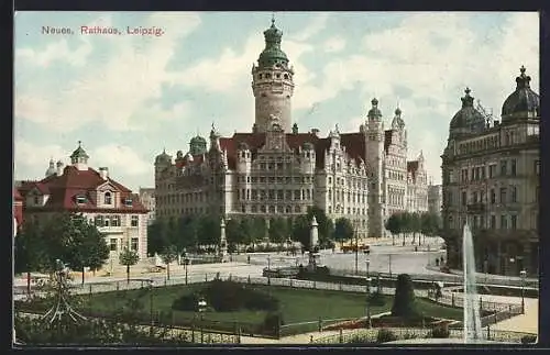 AK Leipzig, Teilansicht mit neuem Rathaus und Parkanlage