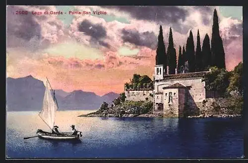 AK Punta San Vigilio /Lago di Garda, Uferpartie mit Ruderboot