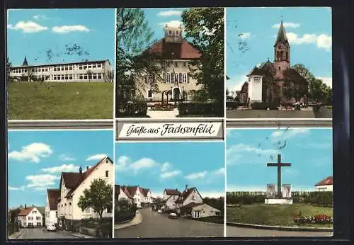 AK Fachsenfeld, Kirche, Denkmal und Strassenpartie