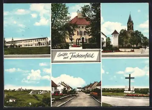 AK Fachsenfeld, Denkmal, Kirche, Schule Strassenpartie