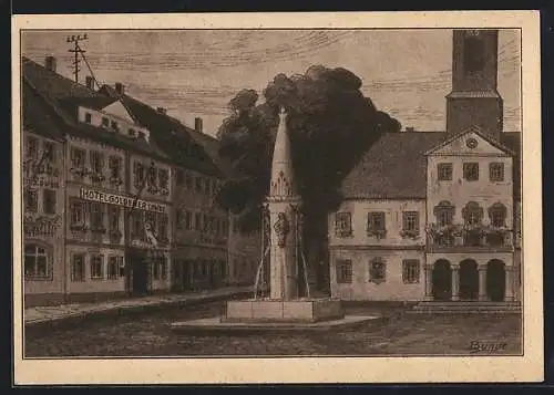 Künstler-AK Rochlitz, Hotel Goldener Löwe am Marktbrunnen