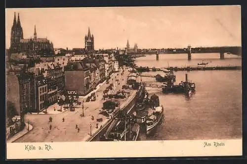 AK Köln a. Rh., am Leystapel, Panoramablick auf das Rheinufer mit Dom