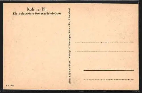 AK Köln a. Rh., beleuchtete Hohenzollernbrücke