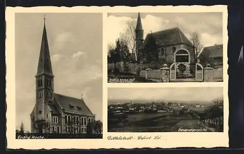 AK Erfurt-Dittelstedt, Evang. Kirche, Kath. Kirche mit Kriegerdenkmal, Gesamtansicht