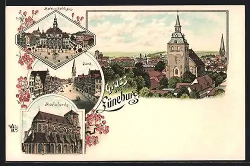 Lithographie Lüneburg, Markt mit Rathaus, Nicolaikirche, Sand
