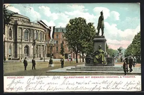 AK Düsseldorf, Alleestrasse mit Bismarck-Denkmal und Theater