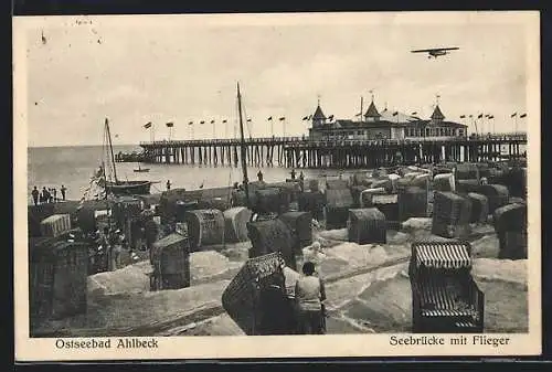 AK Ahlbeck /Ostsee, Seebrücke mit Flugzeug