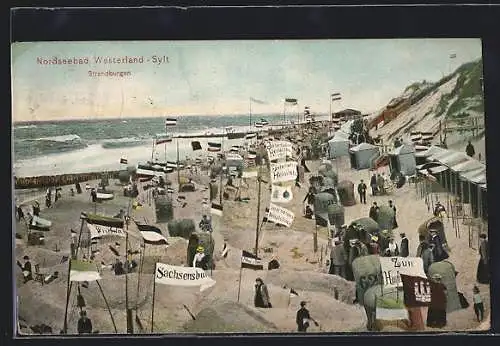AK Westerland /Sylt, Strandburgen und Strandkörbe mit Wimpeln geschmückt