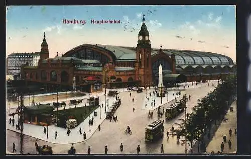 AK Hamburg-St.Georg, Strassenbahn und Autos vor dem Hauptbahnhof