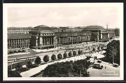 AK Leipzig, Strassenbahnen vor dem Hauptbahnhof