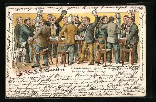 Lithographie Feiernde Studenten heben das Glas, Gaudeamus igitur