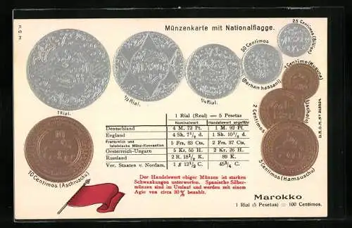 AK Marokko, Geld-Münzen und Nationalflagge
