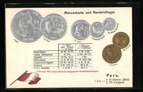 AK Peru, Geldmünzen, Münzenkarte und Handelsflagge