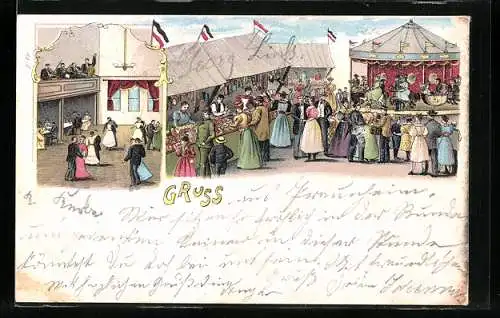 Lithographie Jahrmarkt, Buden und Karussells, Festzelt