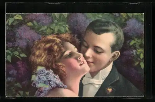 Künstler-AK Heimlicher Kuss am Fliederbusch, Art Deco