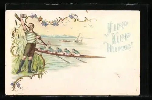 Lithographie Hipp Hipp Hurrah!, Ruderer auf und am Wasser