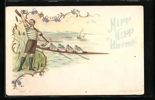 Lithographie Hipp Hipp Hurrah!, Ruderer auf und am Wasser