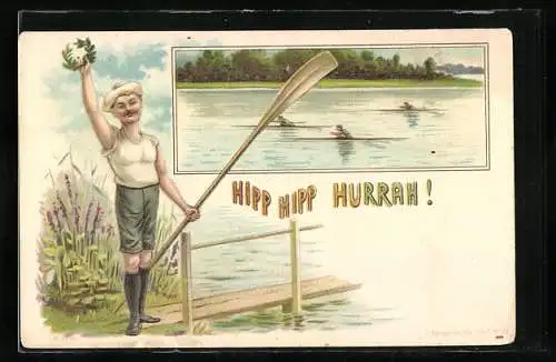 Lithographie Ruderer mit Lorbeerkranz grüsst vom Bootssteg