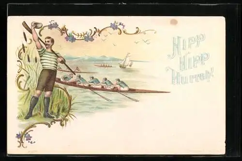 Lithographie Hipp Hipp Hurrah!, Ruderer auf und am Wasser