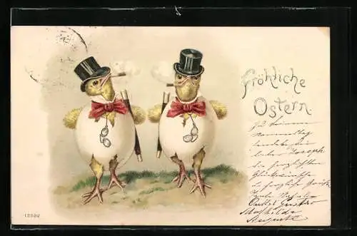Lithographie Osterküken mit Zylinder, Zigarre, Brille und Tanzstab, Fröhliche Ostern