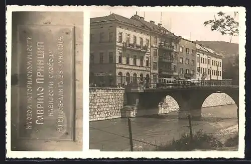 AK Fiume, Ortspartie mit Brücke, Tafel mit Inschrift