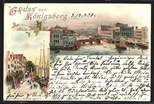 Lithographie Königsberg, Börse und Partie am Pregel