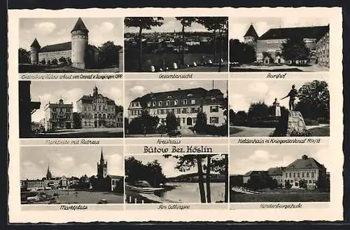 AK Bütow /Köslin, Hindenburgschule, Burghof, Heldenhain mit Kriegerdenkmal