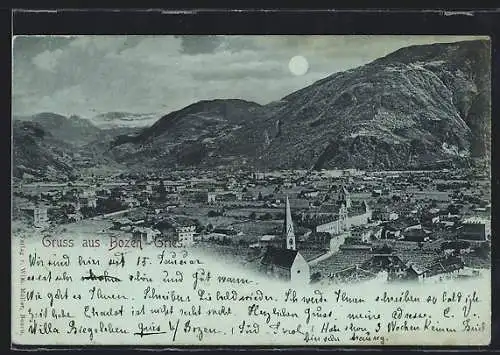 Mondschein-AK Bozen-Gries, Totalansicht mit Bergpanorama