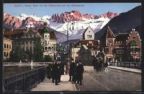 AK Bolzano / Bozen, Blick von der Talferbrücke auf den Rosengarten, Pferdegespann