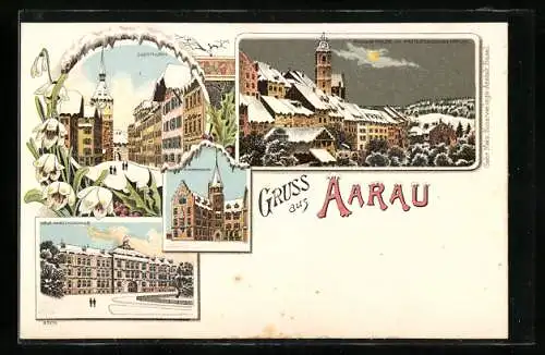 Winter-Lithographie Aarau, Gewerbemuseum, Neue Kantonsschule, Prot. Kirche