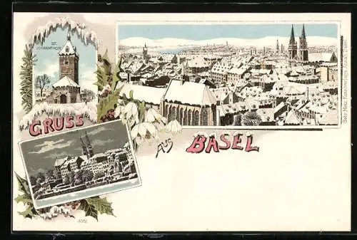 Winter-Lithographie Basel, Pfalz, St. Johannthor, Blick über die Dächer