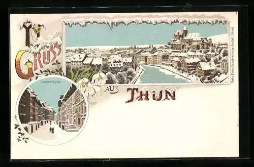 Winter-Lithographie Thun, Hauptstrasse, Panoramablick auf die Stadt
