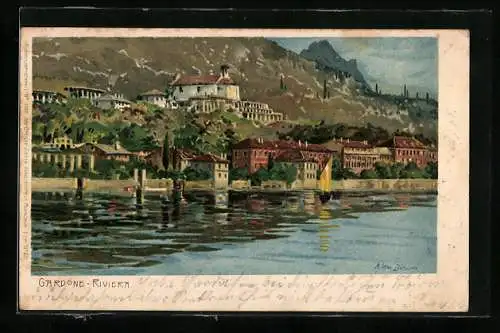 Künstler-AK Zeno Diemer: Gardone-Riviera, Teilansicht vom Wasser aus