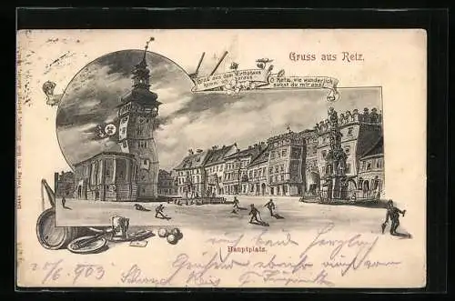 Wirtshaus-AK Retz, Hauptplatz aus der Sicht eines Betrunkenen