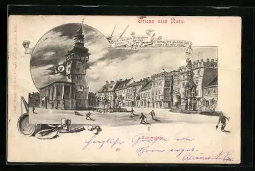 Wirtshaus-AK Retz, Hauptplatz aus der Sicht eines Betrunkenen