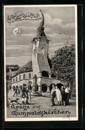 AK Gumpoldskirchen, Kirche aus der Sicht eines Betrunkenen