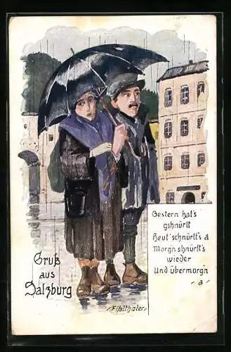 AK Salzburg, Paar im Regen mit Regenschirm