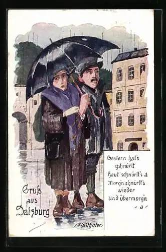 Künstler-AK Salzburg, Paar unterm Regenschirm, `s schnürlt