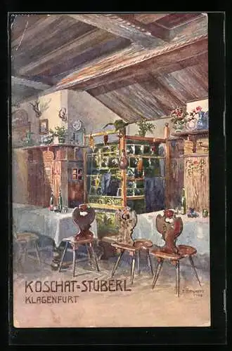 Künstler-AK Eduard Manhart: Klagenfurt, Gasthaus Koschat-Stüberl, Innenansicht