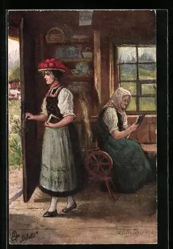 Künstler-AK Raphael Tuck & Sons Nr. 253: Kirchgang, Frau in Tracht, alte Frau neben einem Spinnrad