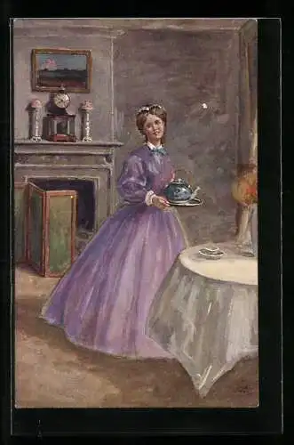 Künstler-AK sign. Care Leopold Voss: Hausdame trägt Tablett mit Teekanne